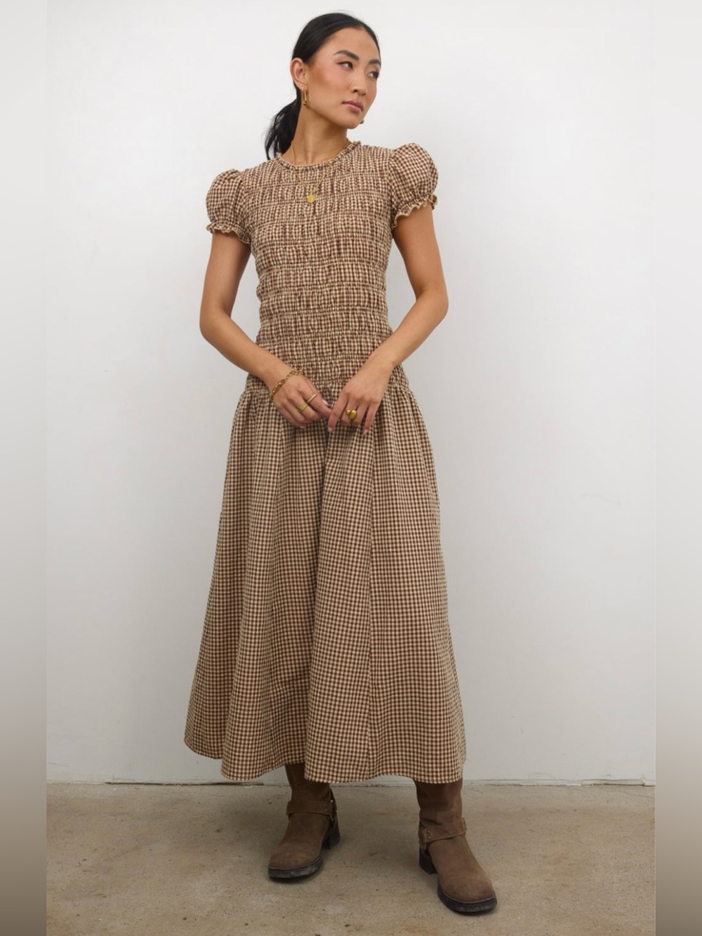 Bohme Opal Brown Gingham Maxi Dress—XS